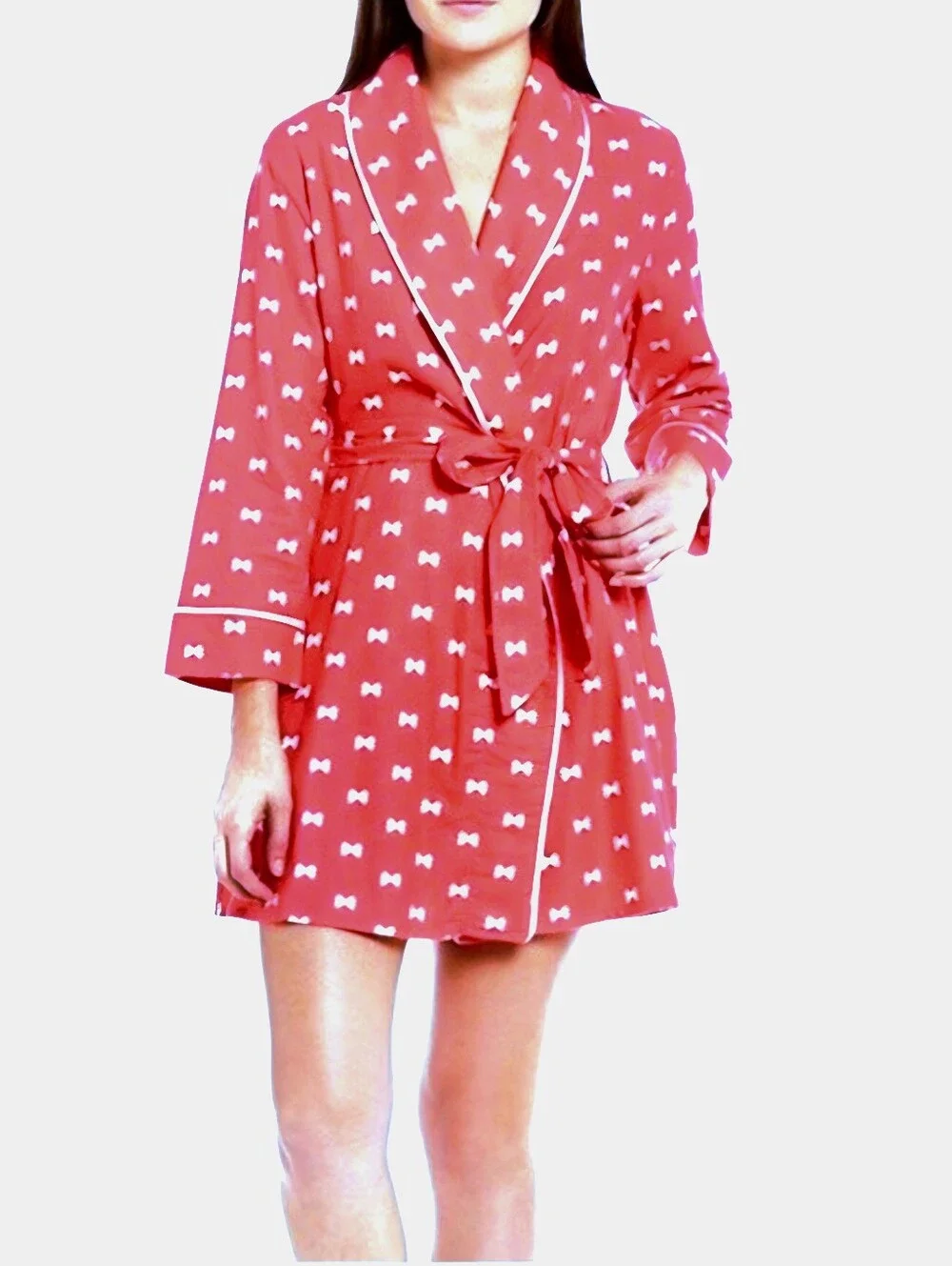 NWT Kate Spade Dream A Little Dream Bow Lightweight Flannel Robe Coral Pink SZ M